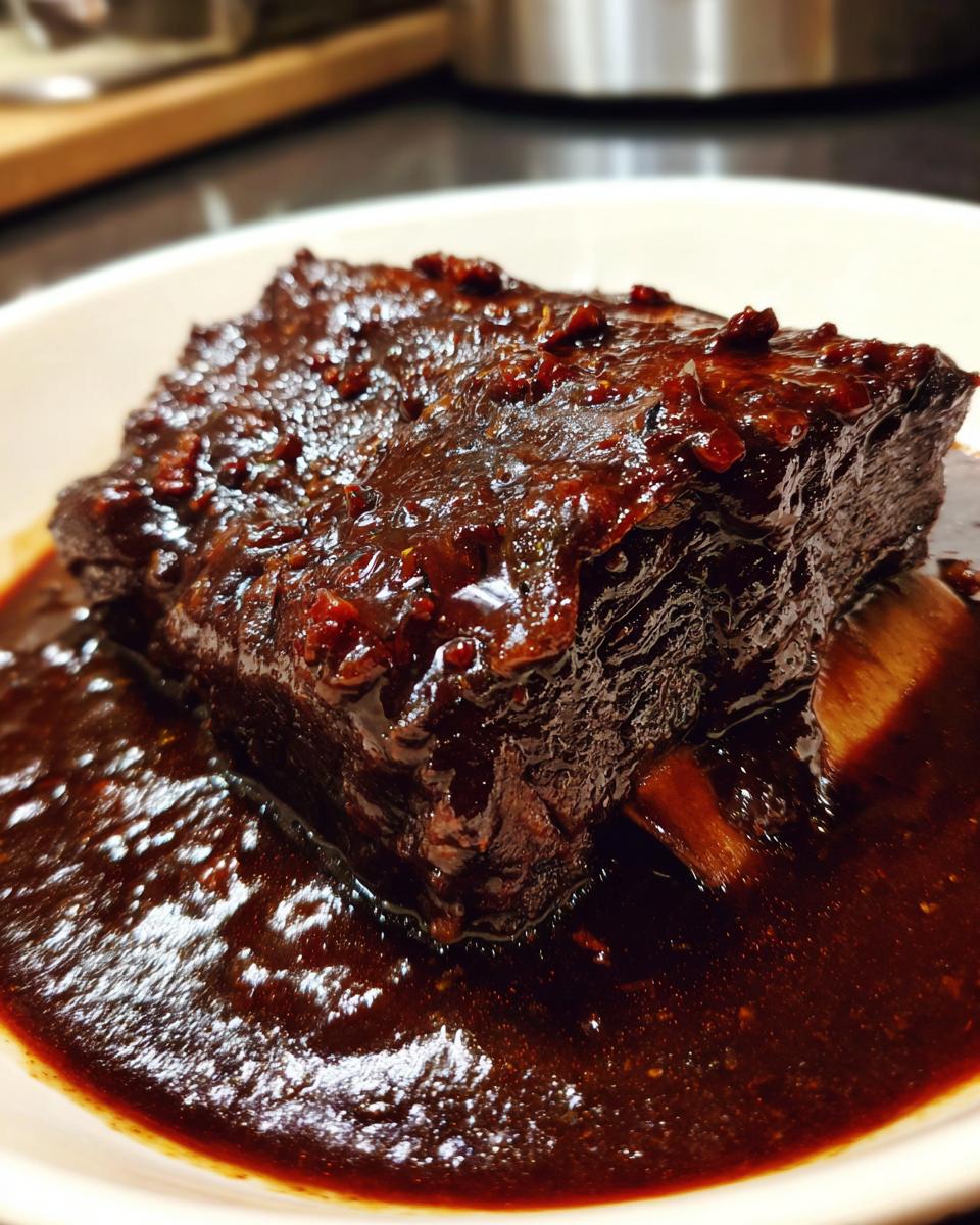A close-up of a single, incredibly tender braised short ribs piece covered in a thick, dark, glossy sauce.