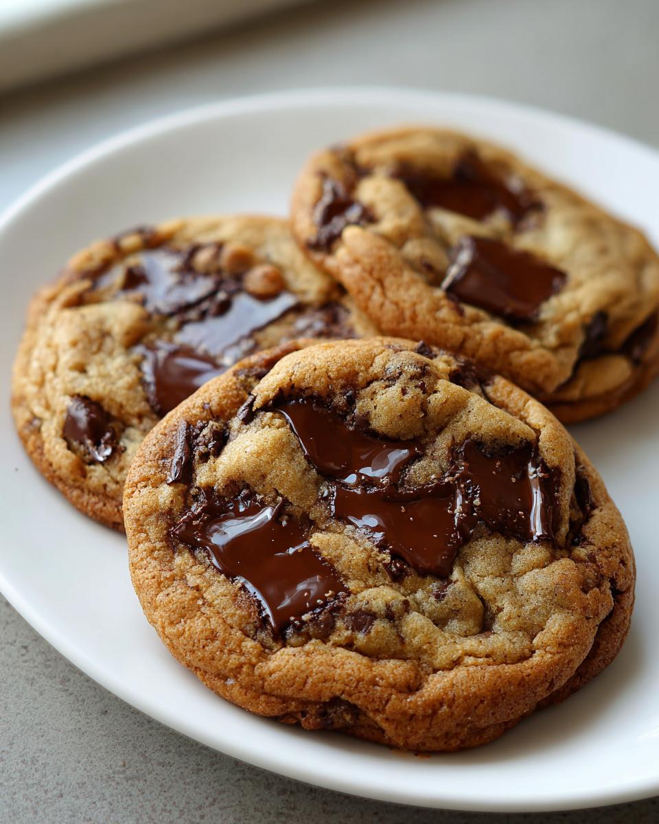 Three freshly baked chocolate chip cookies with gooey, melted chocolate chunks on a white plate.