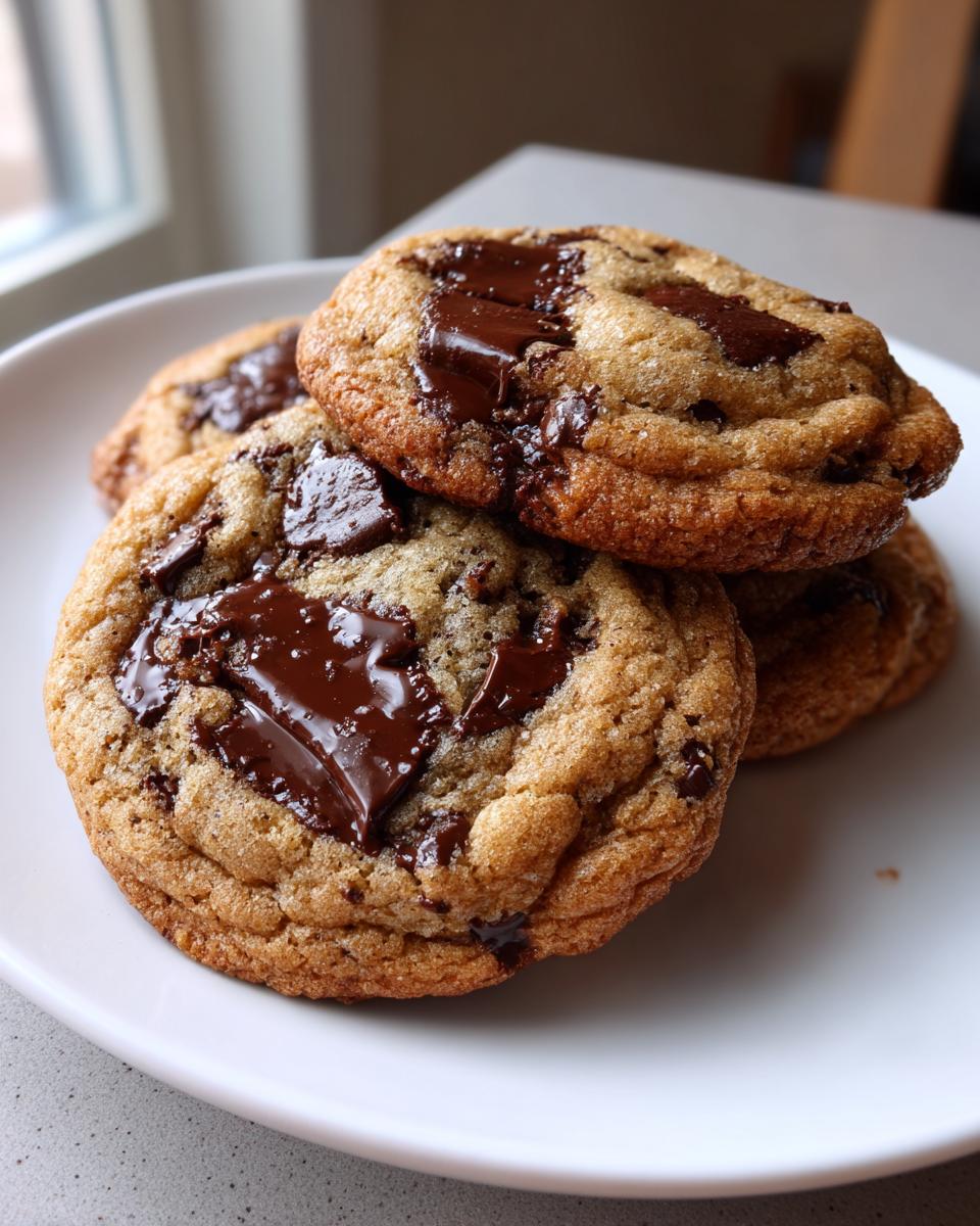 Close-up of three gooey, thick chocolate chip cookies stacked on a white plate with melted chocolate.