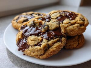 Four freshly baked chocolate chip cookies stacked on a white plate with gooey, melted chocolate.