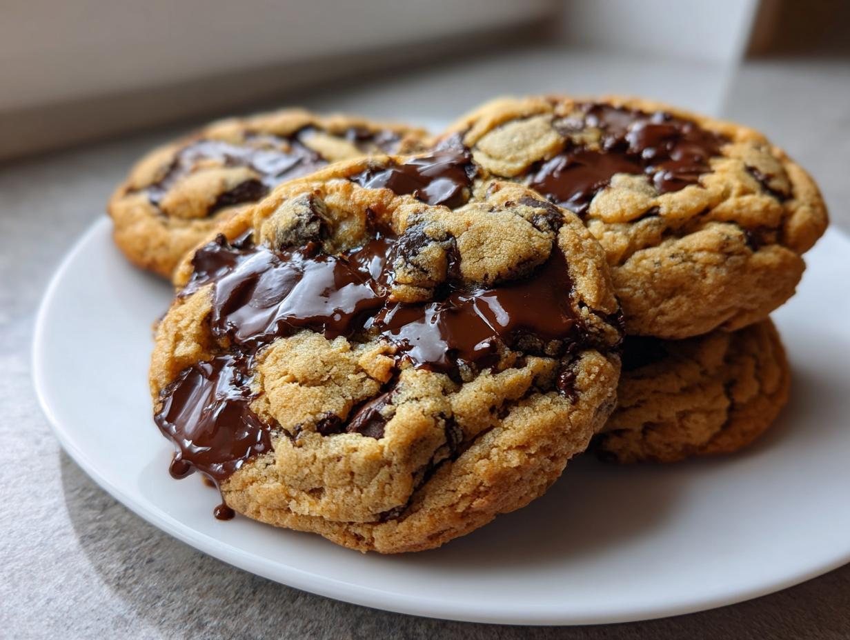 Four freshly baked chocolate chip cookies stacked on a white plate with gooey, melted chocolate.