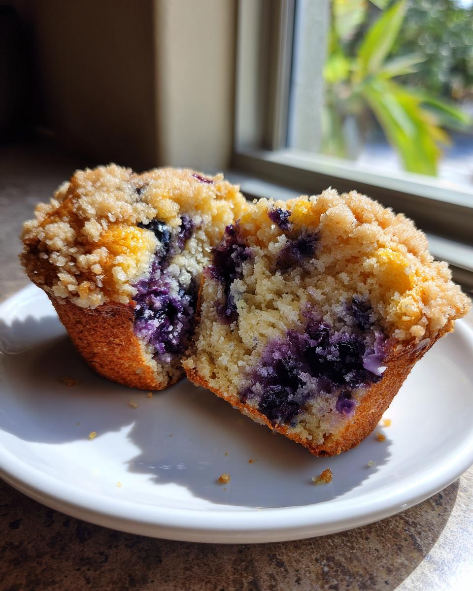 Close-up of a moist blueberry muffin cut in half, showing the crumb texture and abundant blueberries, topped with streusel.