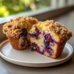 Close-up of a moist blueberry muffin cut in half, showing juicy blueberries and a thick crumb topping.