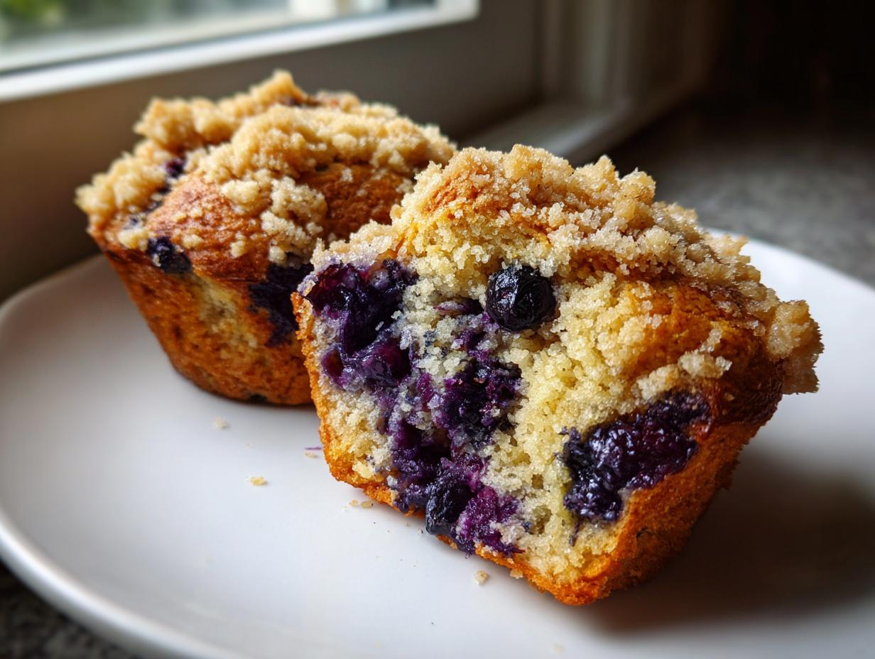 Close-up of a moist blueberry muffin cut in half, showing bursting blueberries and a crumb topping.
