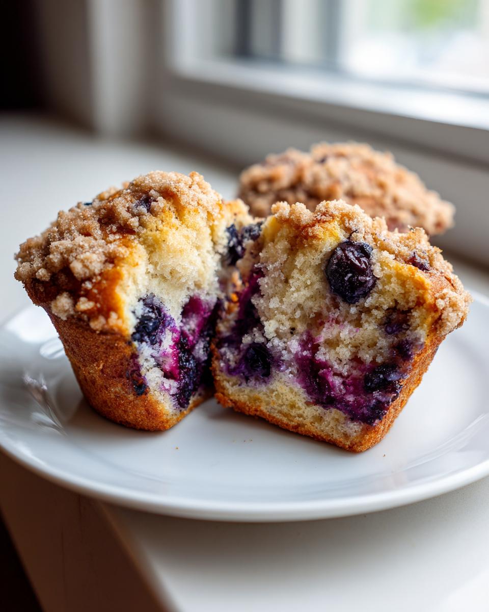 A moist blueberry muffin cut in half, revealing juicy berries and a crumbly streusel topping.