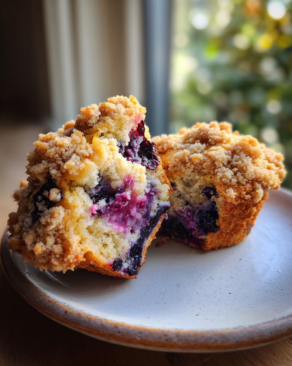 A moist blueberry muffin, cut in half to show the interior filled with purple berries, topped with golden streusel.