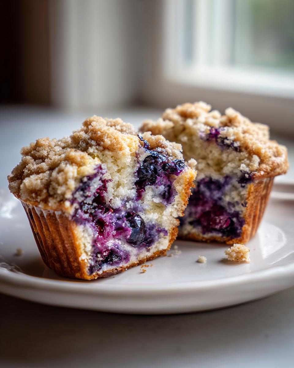 Close-up of a moist blueberry muffin cut in half, showing juicy berries and a crumbly streusel topping.