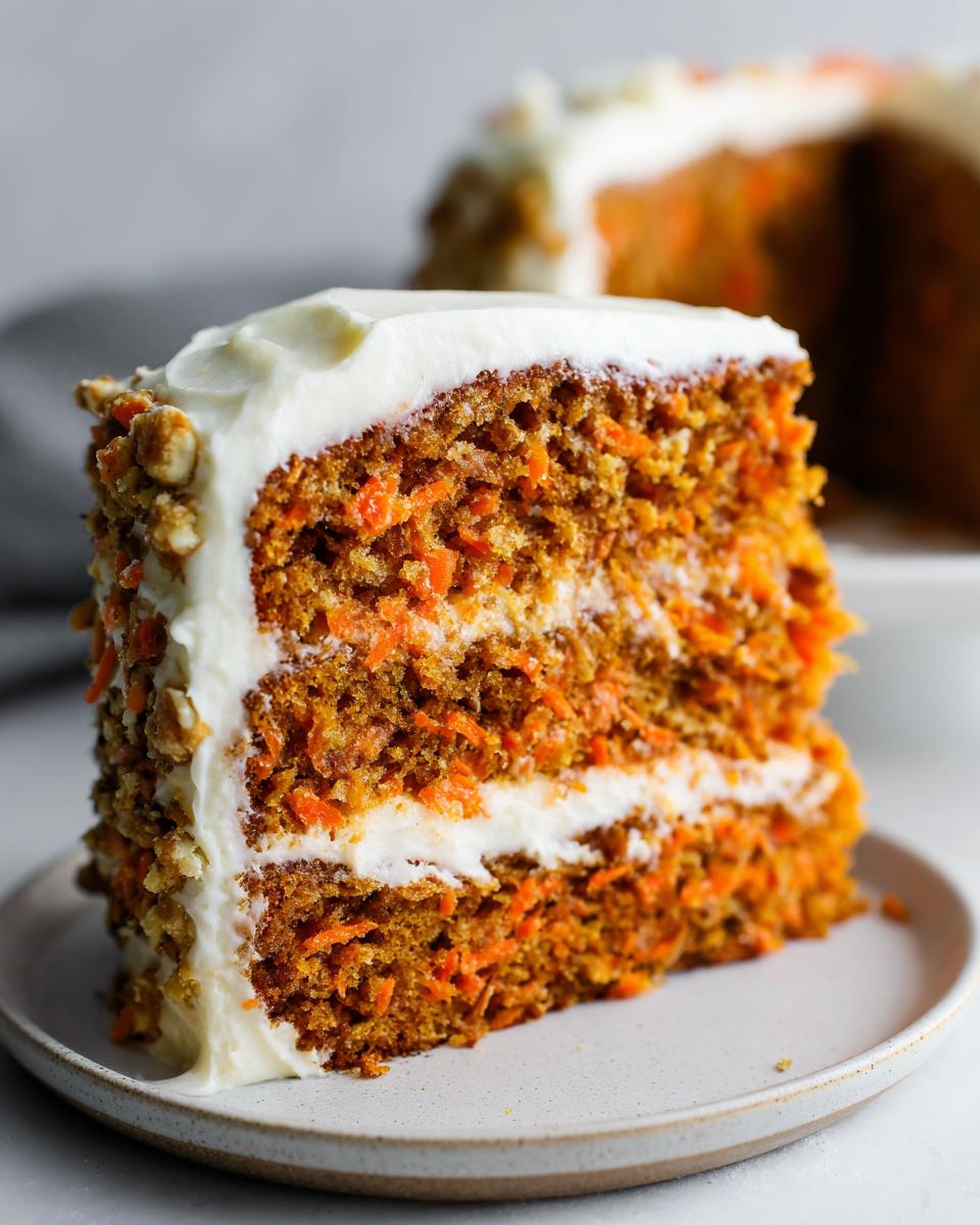 Close-up of a thick slice of moist carrot cake layered with cream cheese frosting and covered in walnuts.