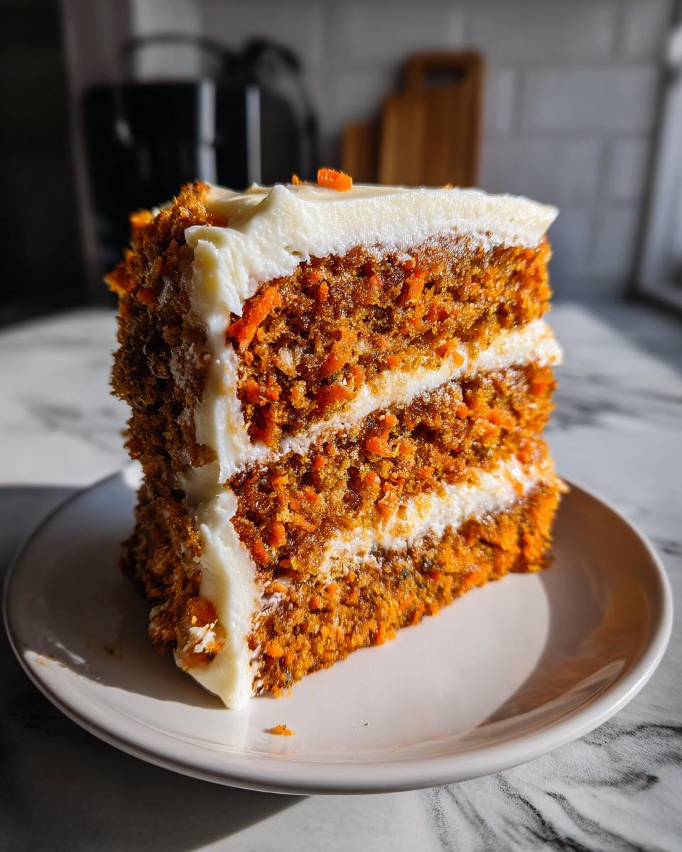 A tall, moist slice of carrot cake with three layers of cake and cream cheese frosting.