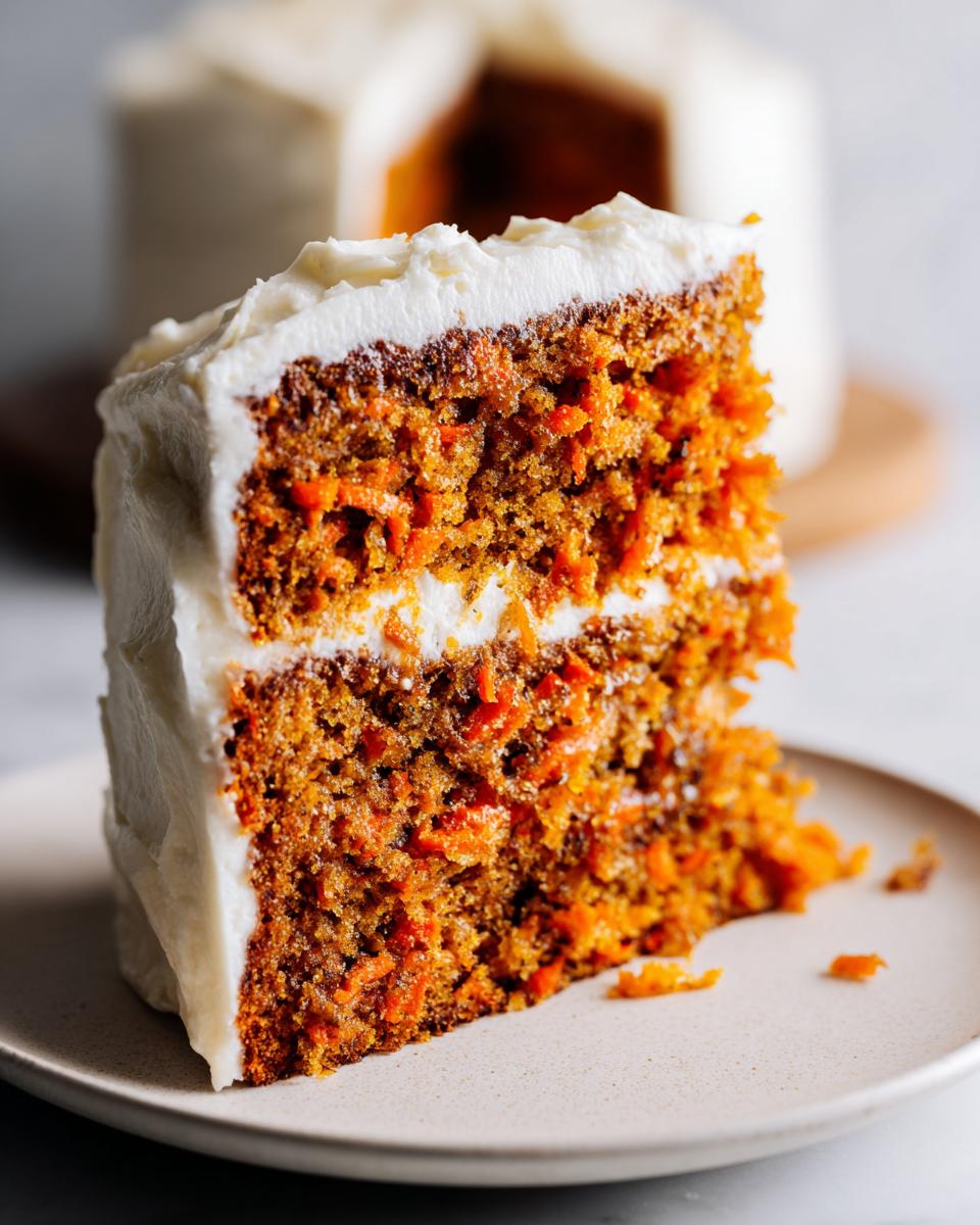 Close-up of a moist slice of carrot cake with visible shredded carrots and thick cream cheese frosting.