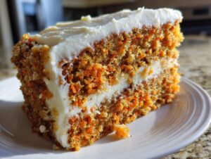 Close-up of a moist slice of carrot cake layered with thick cream cheese frosting.