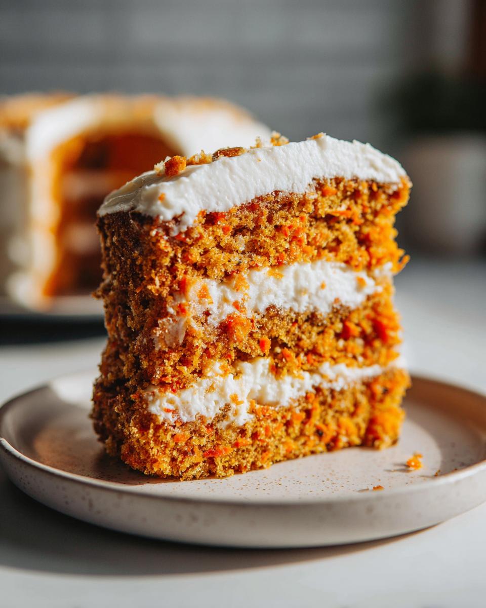 Close-up of a thick, moist slice of carrot cake with three layers and cream cheese frosting.