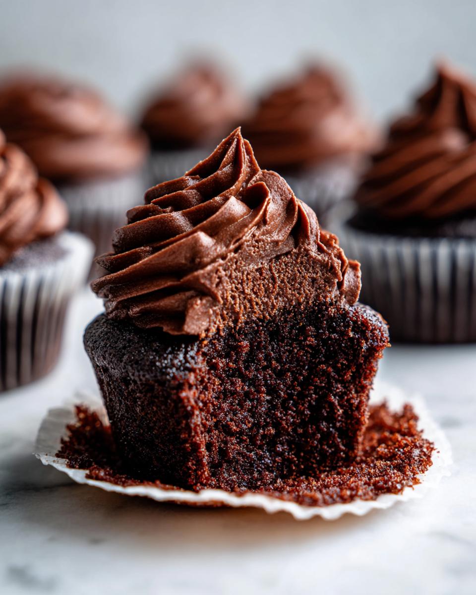 Close-up of a moist chocolate cupcake cut in half, showing rich dark crumb and swirled chocolate frosting.