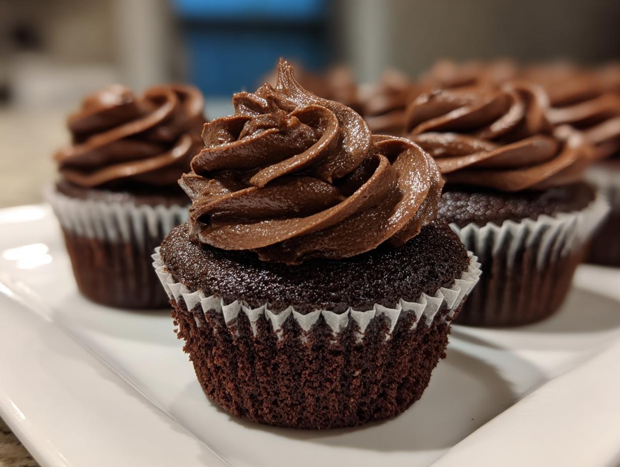 Close-up of a moist chocolate cupcake topped with a swirl of rich chocolate frosting, with more chocolate cupcakes blurred in the background.