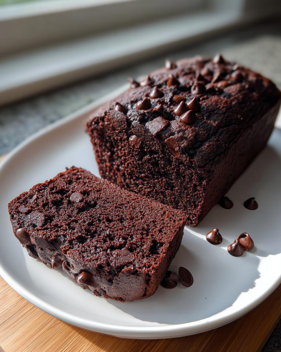 A loaf of rich, dark chocolate zucchini bread, with one slice cut, topped with chocolate chips.