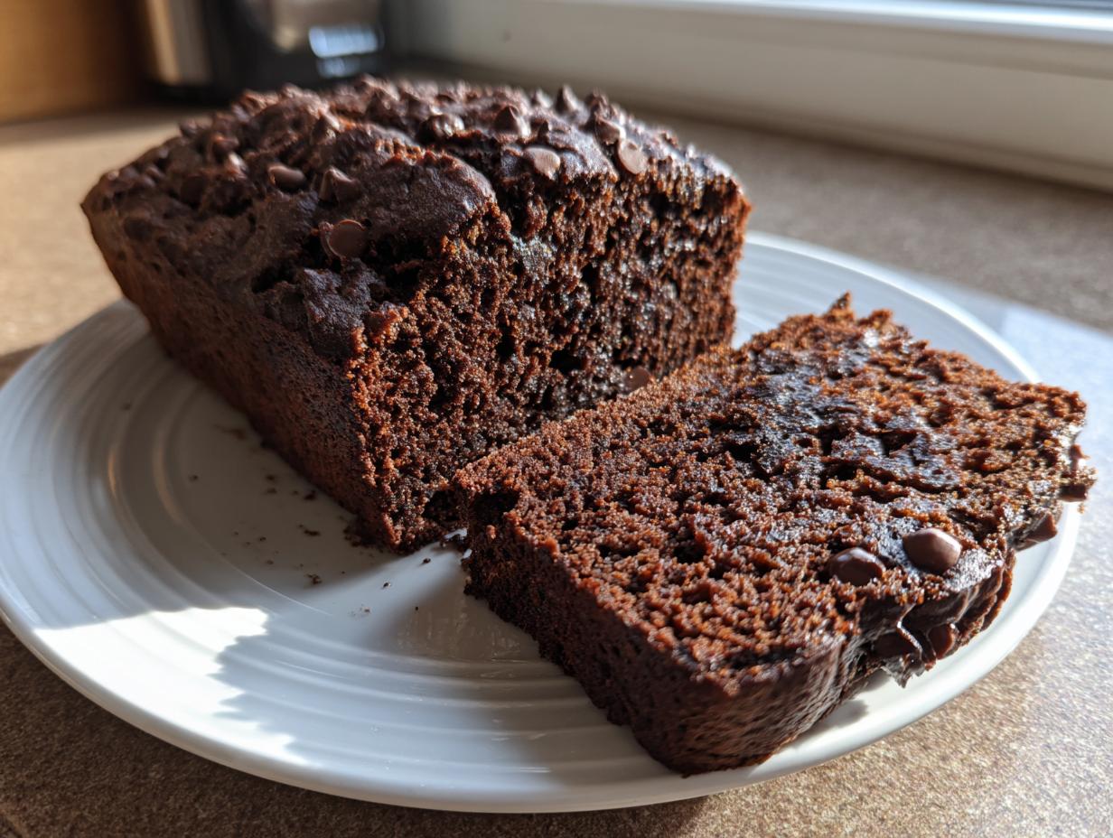 A loaf of rich, dark chocolate zucchini bread with a slice cut, topped with chocolate chips.