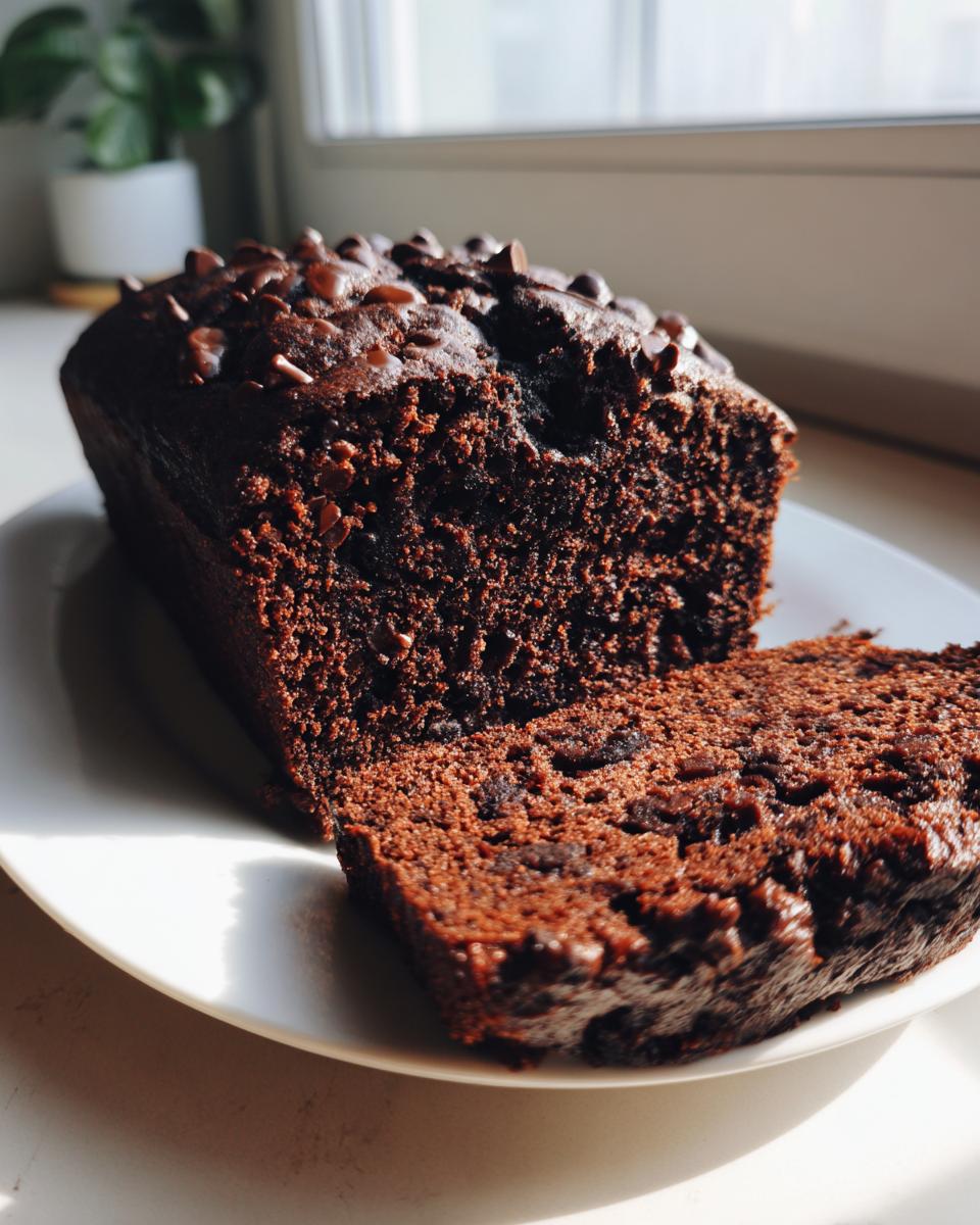 A slice cut from a loaf of rich, dark chocolate zucchini bread topped with chocolate chips.