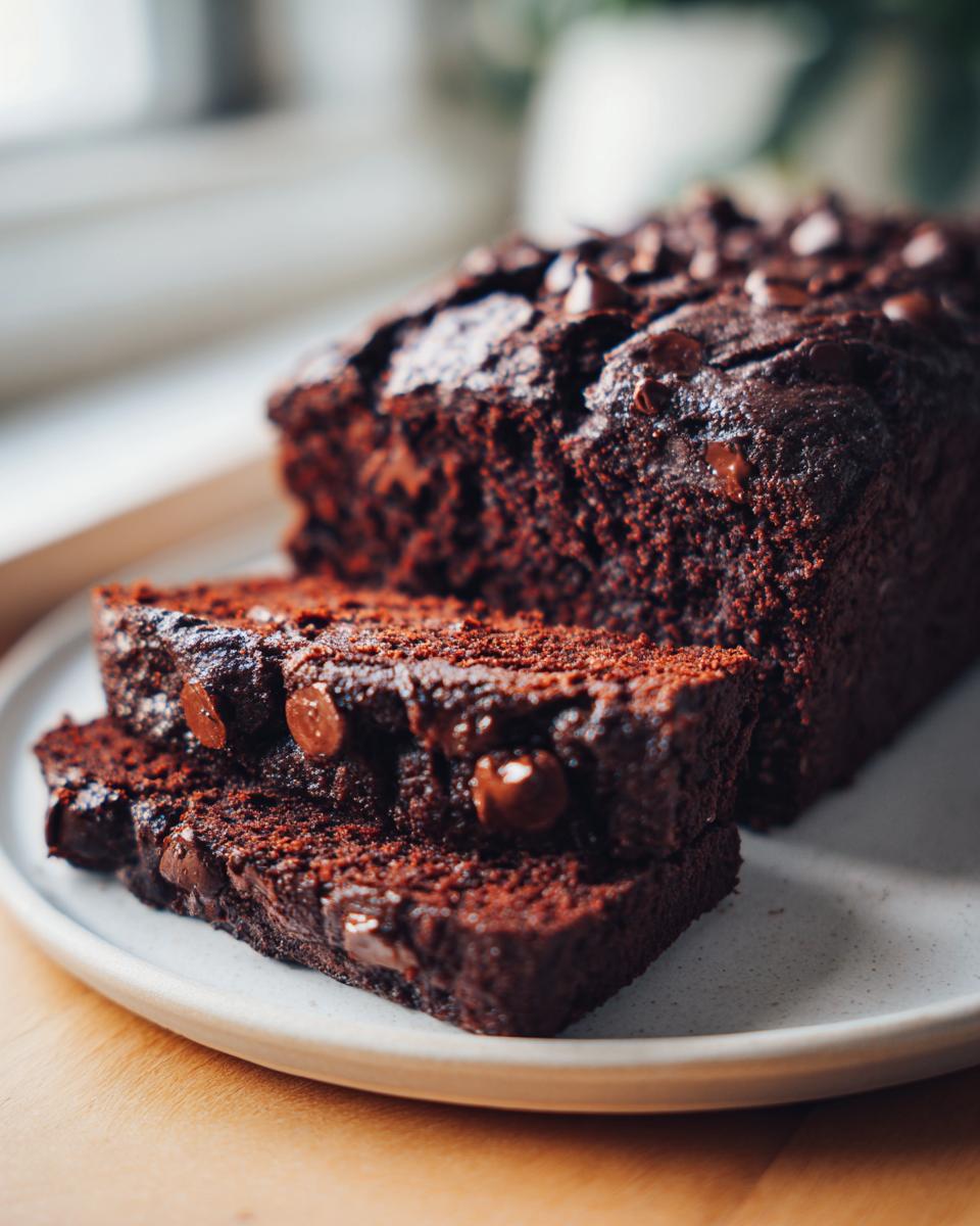 Close-up of moist, dark chocolate zucchini bread, sliced and topped with melted chocolate chips.