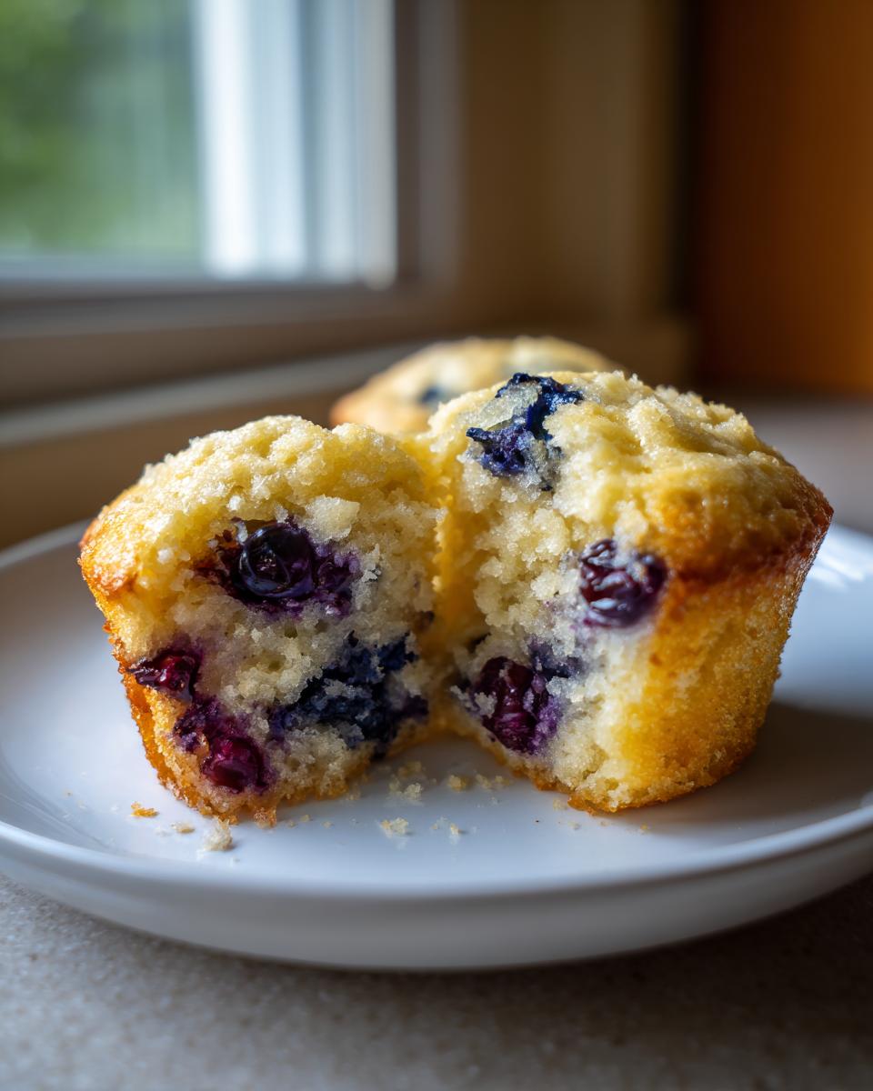 Close-up of a cottage cheese blueberry muffin split in half showing moist crumb and burst blueberries.