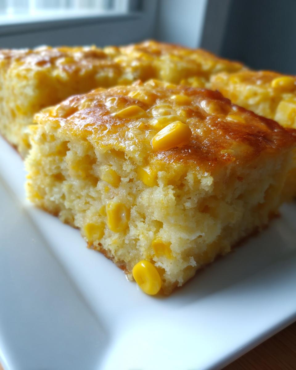 A close-up view of a moist, golden square of jiffy corn casserole studded with whole corn kernels.