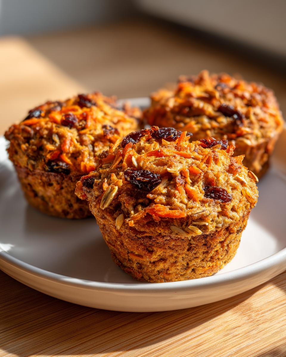 Three freshly baked morning glory muffins topped with shredded carrots, raisins, and oats, sitting on a white plate.