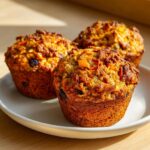 Close-up of three freshly baked, moist morning glory muffins topped with shredded carrots and raisins.