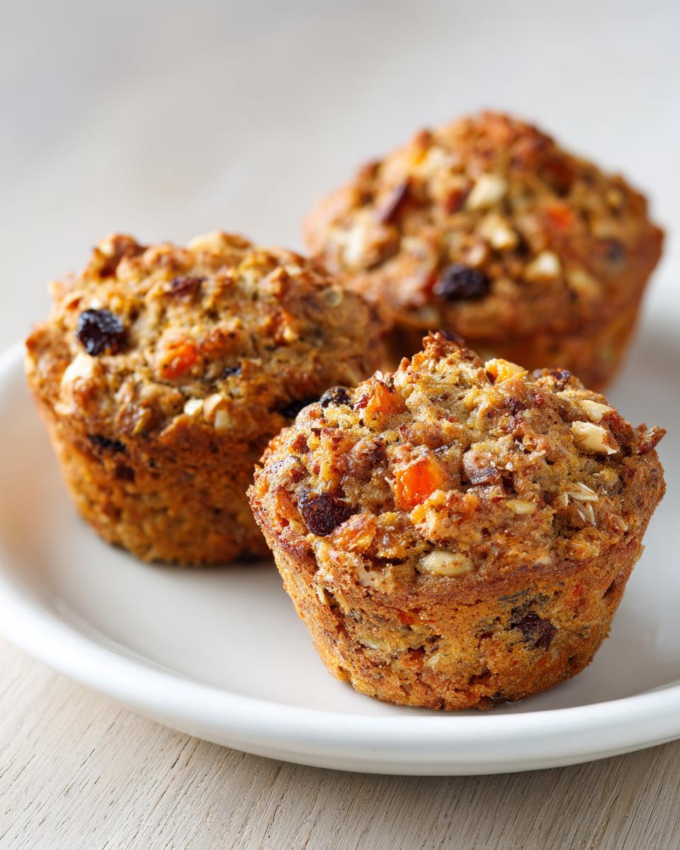 Close-up of three freshly baked morning glory muffins loaded with fruits and nuts on a white plate.