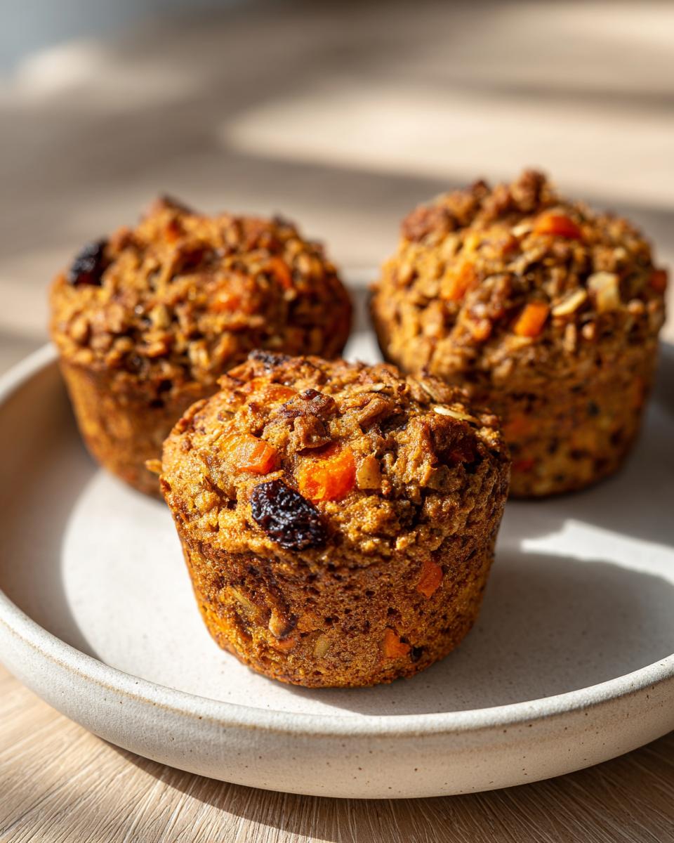 Three freshly baked morning glory muffins, packed with visible carrots and raisins, sitting on a light ceramic plate.