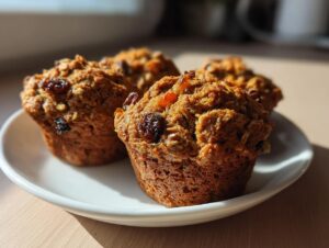 Four freshly baked morning glory muffins loaded with raisins and oats, sitting on a white plate.