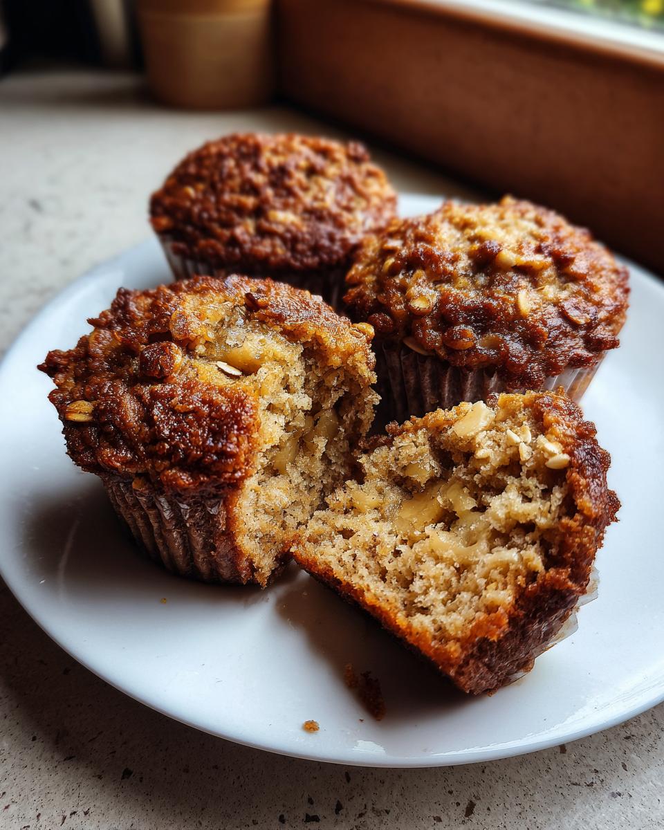 Four moist oatmeal muffins on a white plate, one is broken open revealing a soft interior with oats.