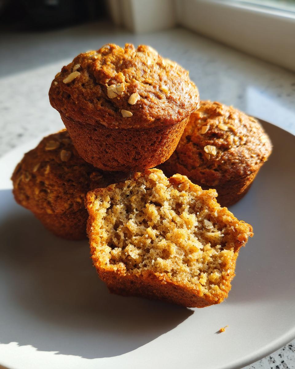 Close-up of three golden brown oatmeal muffins, one broken open to show the moist interior.