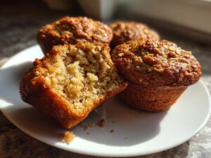 A close-up of three golden brown oatmeal muffins, one broken in half showing the moist interior texture.