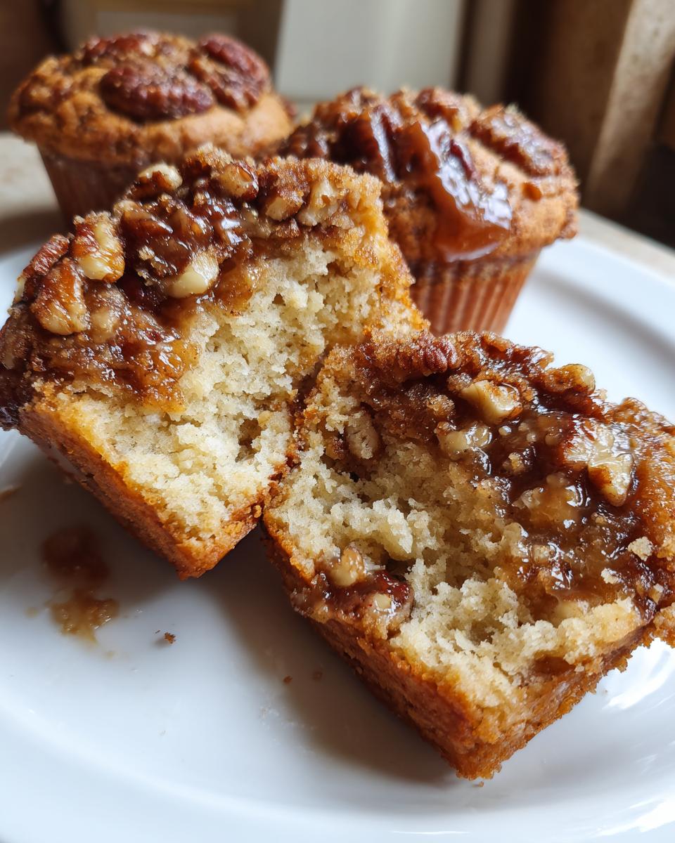 A pecan pie muffin cut in half showing the moist, fluffy interior and gooey pecan topping.