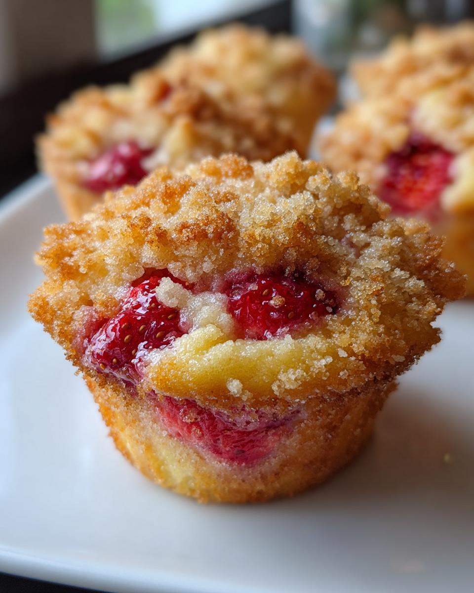 Close-up of a moist strawberry muffin featuring visible chunks of bright red strawberry and a sugary crumb topping.