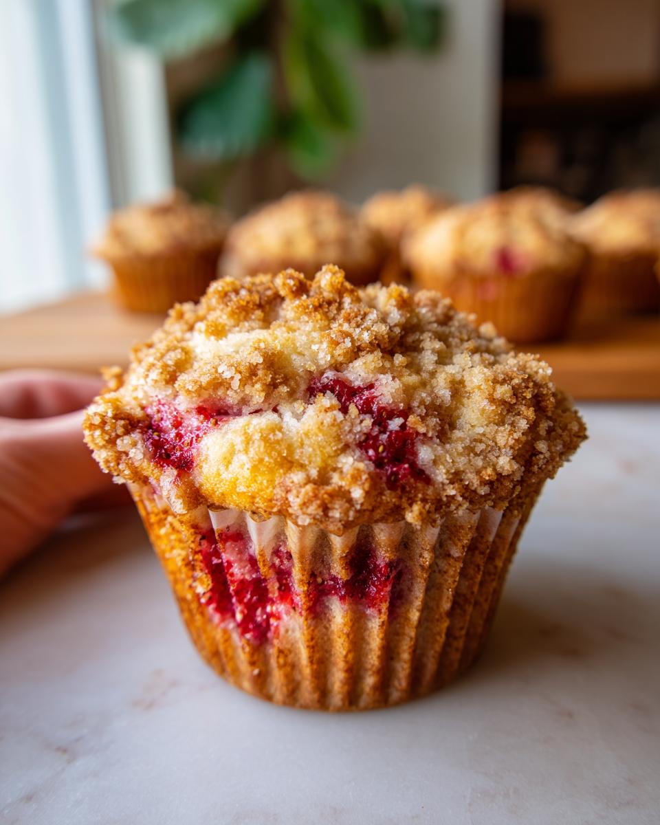 A close-up of a moist strawberry muffin with a thick, sugary crumb topping, showing bright red fruit inside.