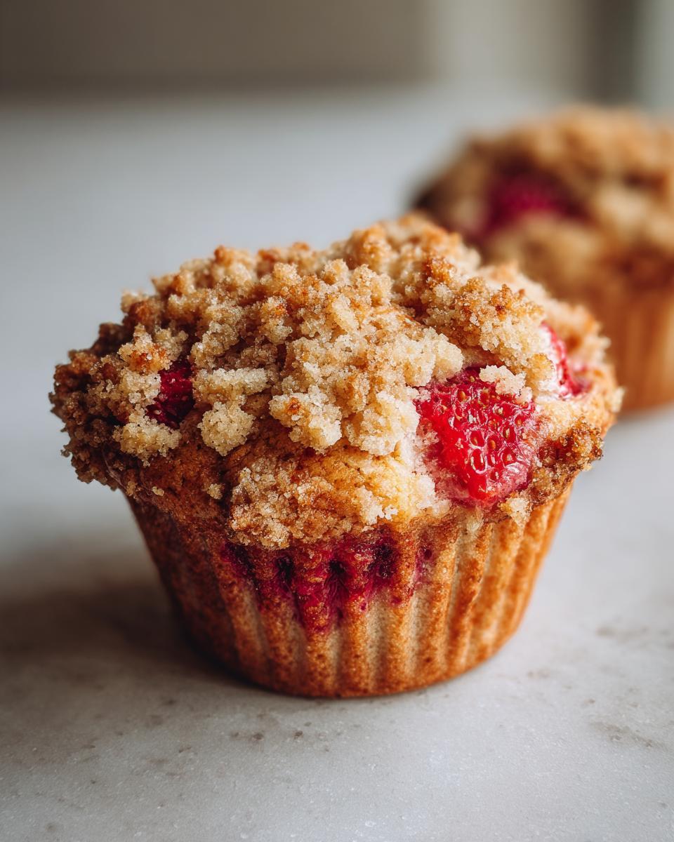 A close-up of a moist strawberry muffin topped with golden brown streusel, featuring visible pieces of bright red strawberry.
