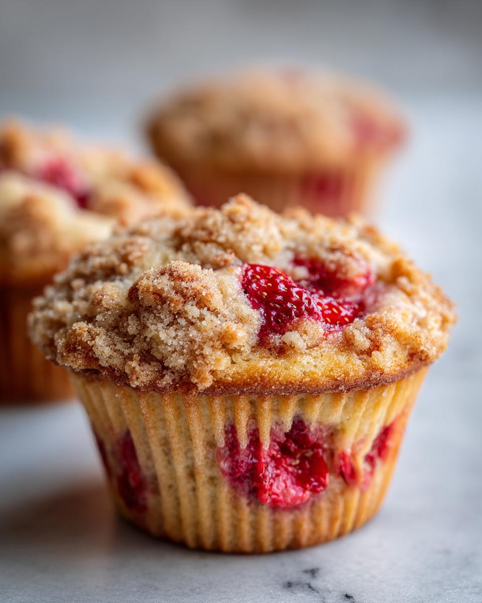 A close-up of a moist strawberry muffin topped with a generous brown sugar crumb topping, showing visible pieces of red strawberry.