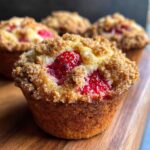 Close-up of a moist strawberry muffin topped with golden streusel and visible baked strawberries.