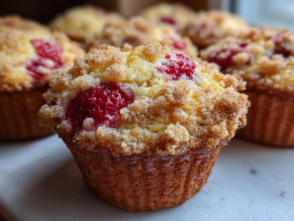 A close-up of a moist strawberry muffin topped with golden streusel, featuring visible pieces of bright red strawberry.