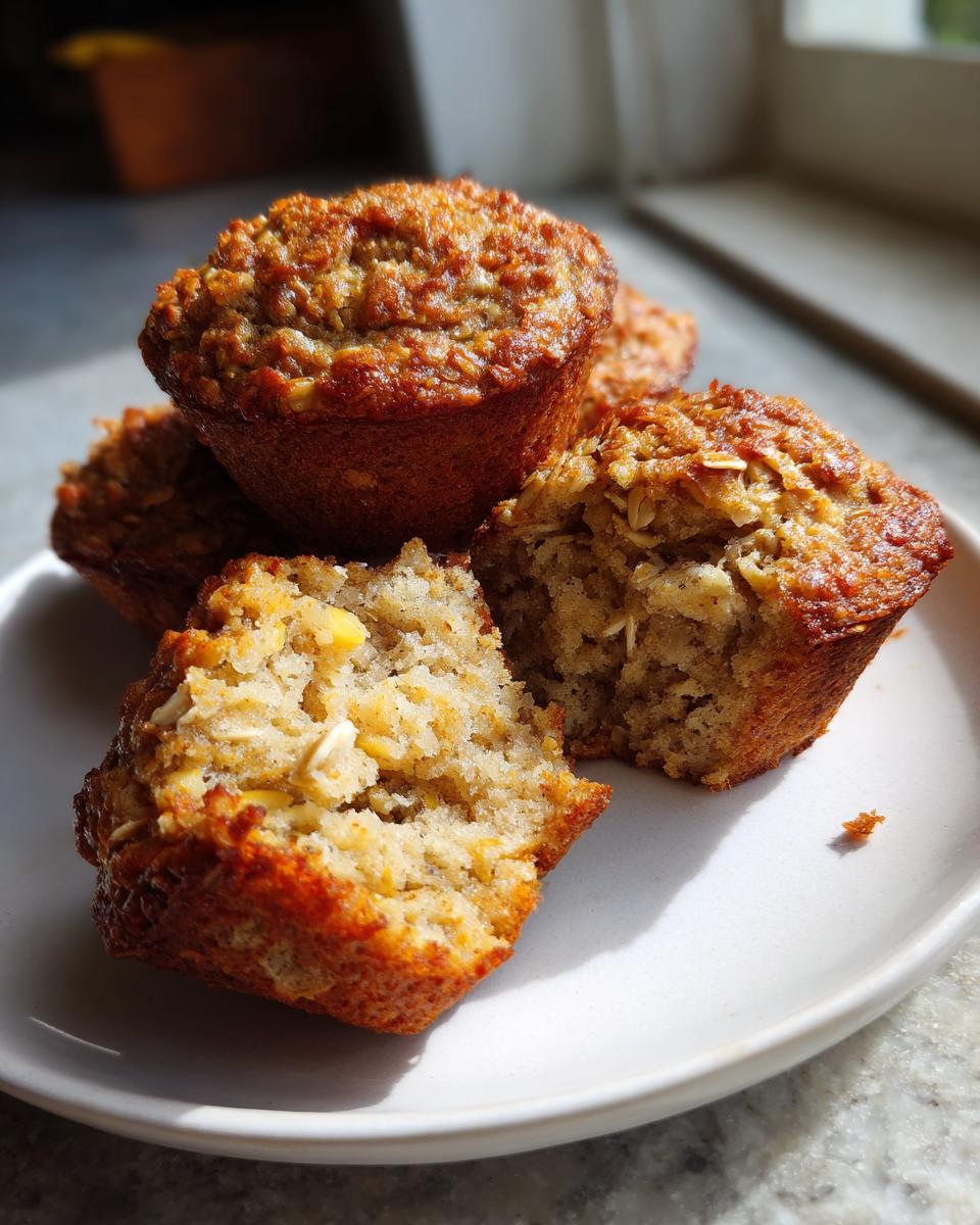 A stack of golden brown oatmeal muffins, one broken open to show the moist interior.