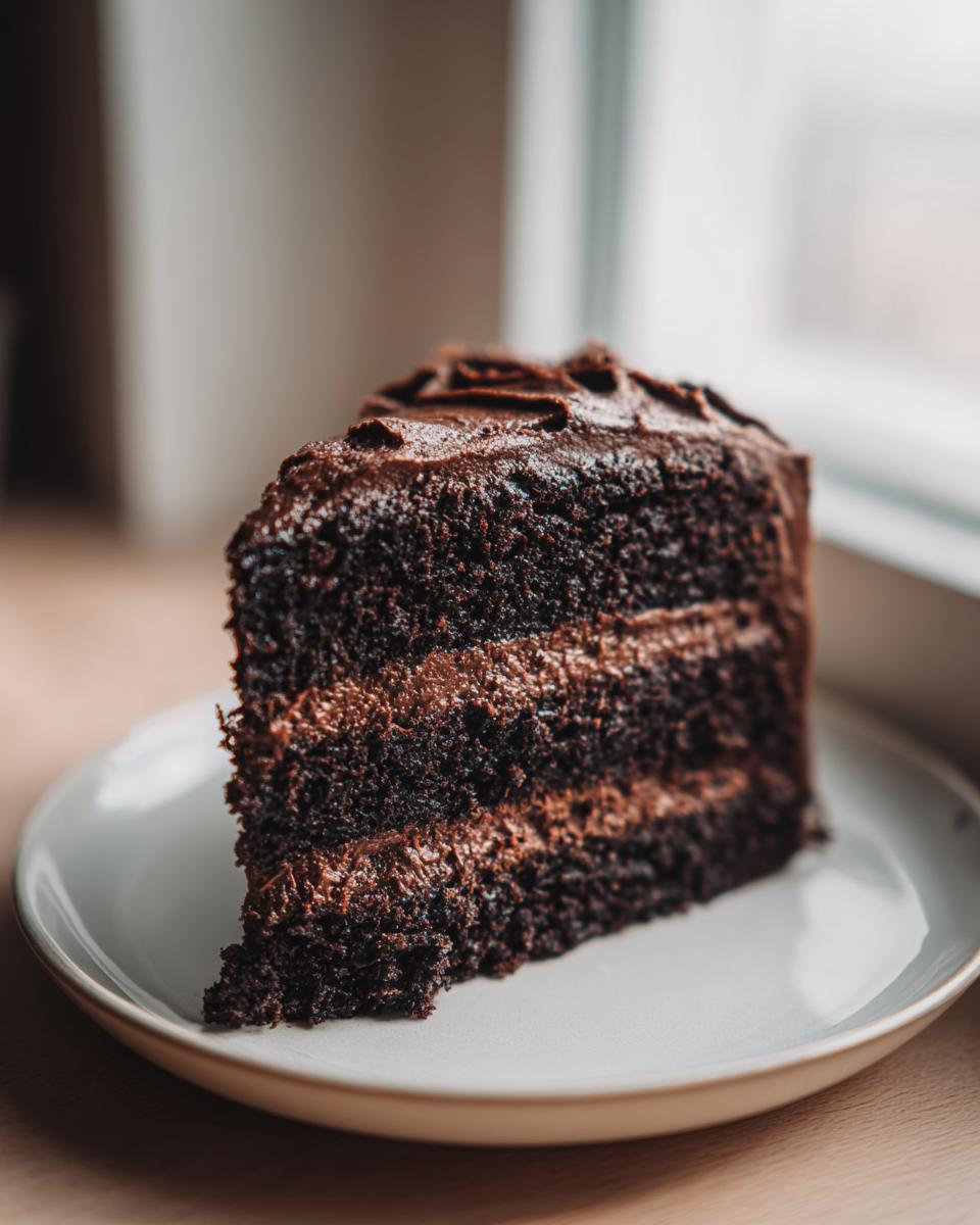 A decadent, moist slice of three-layer chocolate cake with rich chocolate frosting, sitting on a white plate.