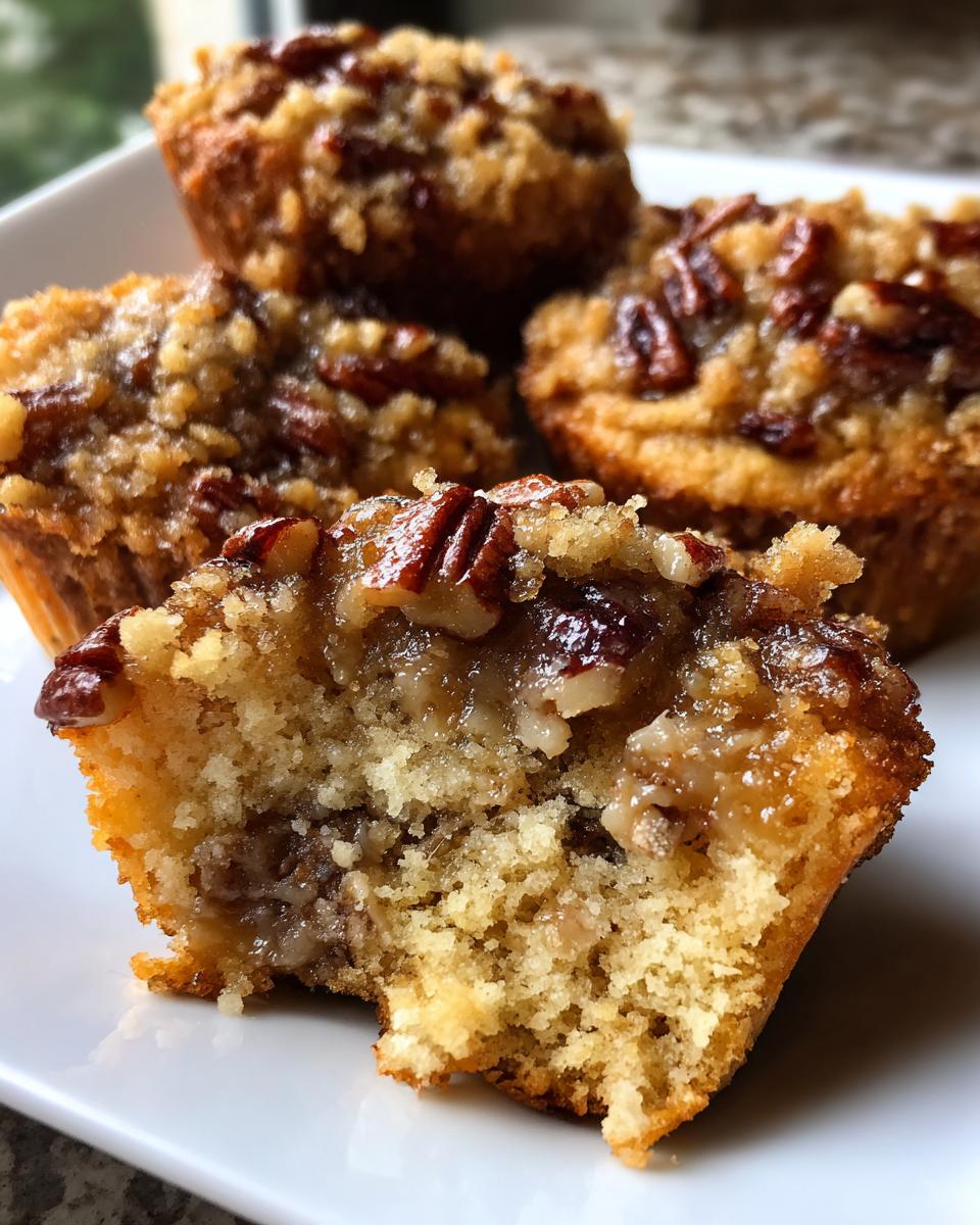 Close-up of a pecan pie muffin with a bite taken out, showing the moist cake and gooey pecan filling.