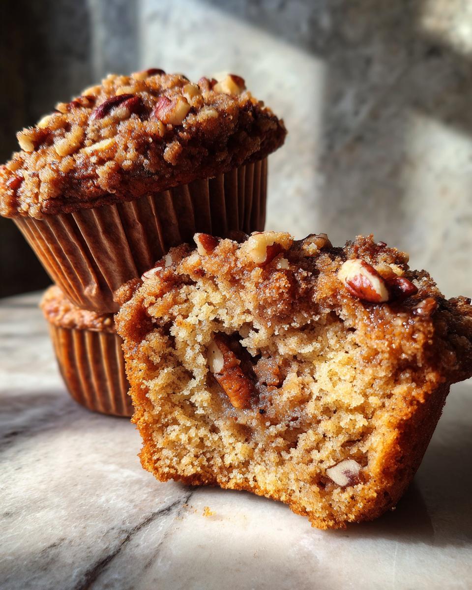 Close-up of a pecan pie muffin cut in half showing the moist interior and pecan topping.