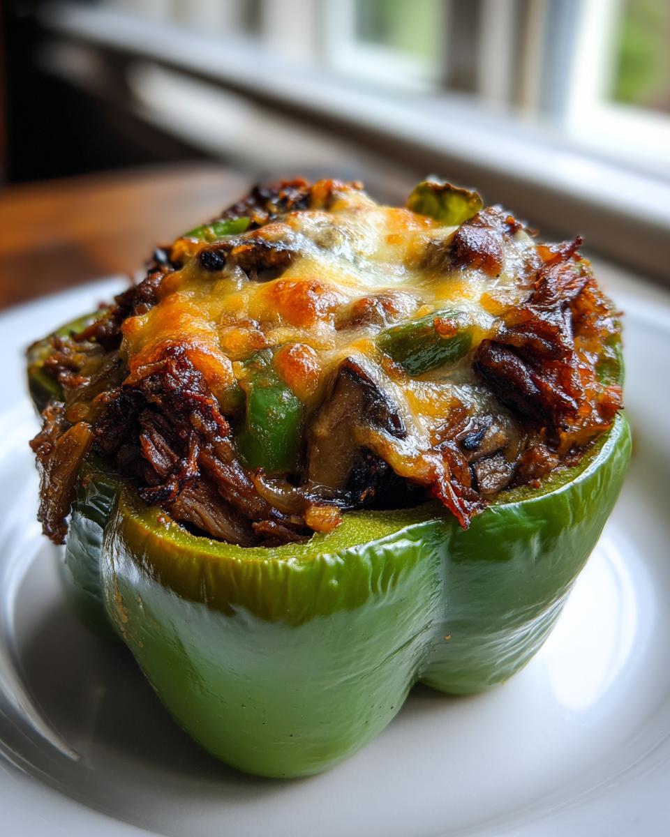 A single green bell pepper stuffed with savory meat, onions, and topped with melted cheese, representing philly cheesesteak stuffed peppers.