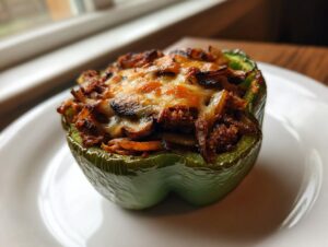 A single baked philly cheesesteak stuffed peppers half, topped with melted, browned cheese, served on a white plate.