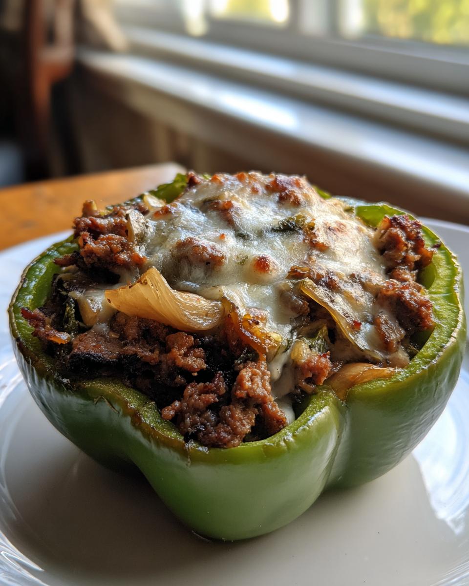 A close-up of a baked green bell pepper stuffed with seasoned ground beef and onions, topped with melted white cheese.