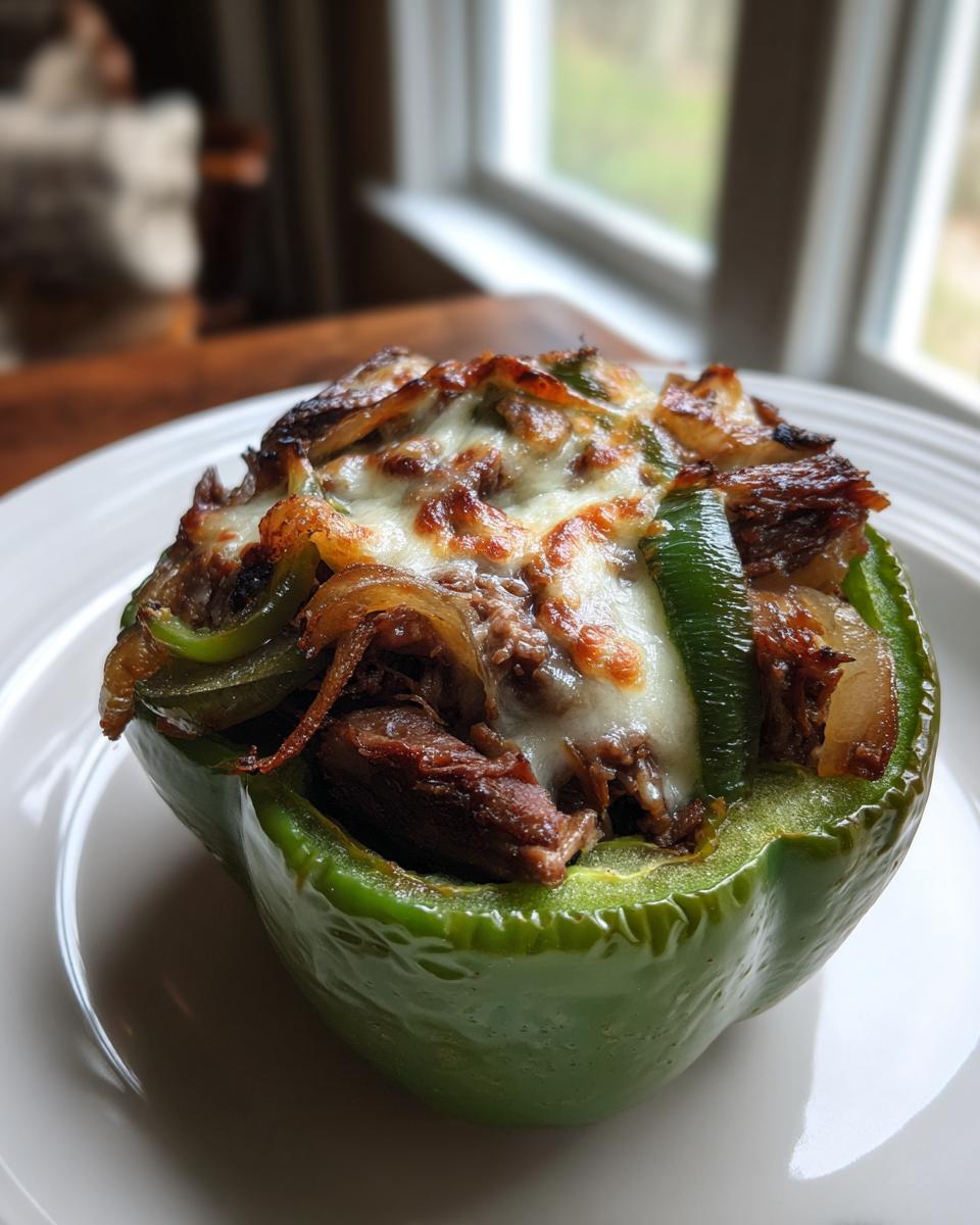 A close-up of one baked philly cheesesteak stuffed pepper, topped with melted white cheese and steak.
