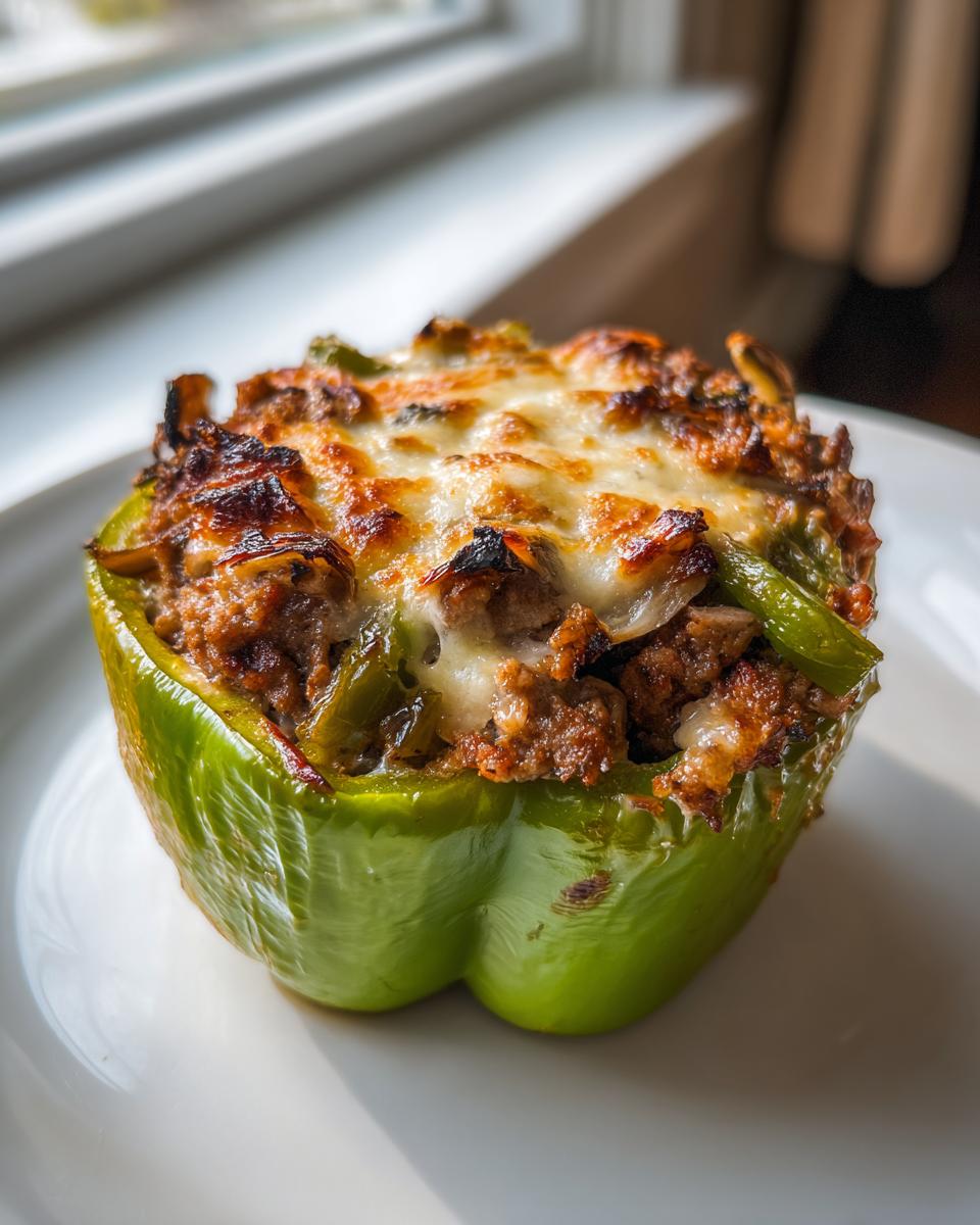 A single, baked green bell pepper stuffed with savory meat filling and topped with melted, browned cheese, ready to eat philly cheesesteak stuffed peppers.