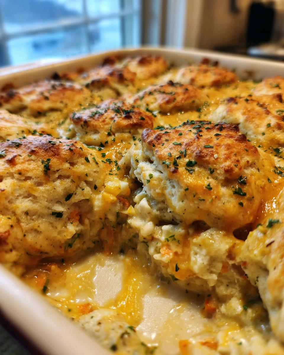 Close-up of a baked pot pie casserole with golden biscuits topped with herbs, showing the creamy filling underneath.
