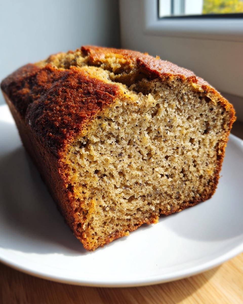 A close-up of a freshly baked loaf of protein banana bread, showing its moist crumb texture.